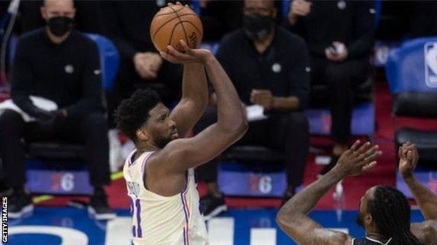 Joel Embiid shoots against the Brooklyn Nets earlier in the week