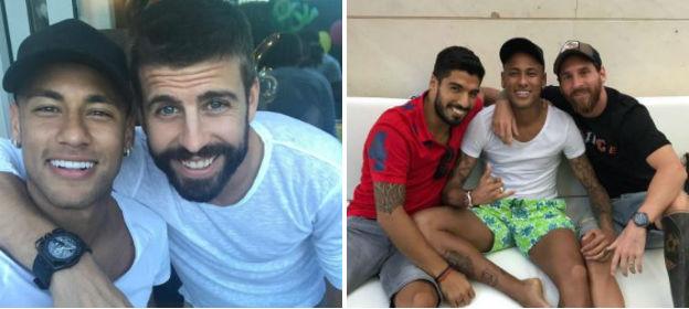 Neymar with Gerard Pique and, right, Luis Suarez and Lionel Messi