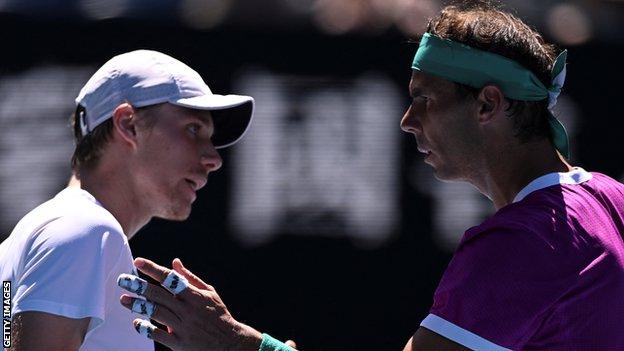 Denis Shapovalov (left) and Rafael Nadal (right) at the Australian Open