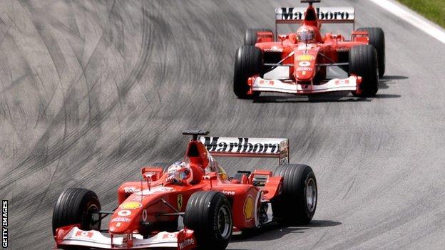 Rubens Barrichello (front) led his team-mate Michael Schumacher for the majority of the race in Austria in 2002