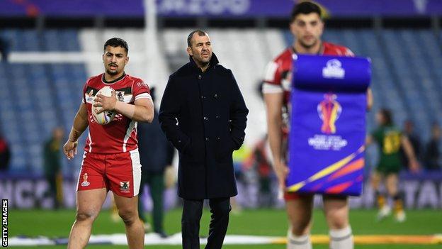 Michael Cheika watching Lebanon's rugby league players in training