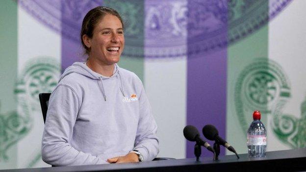 Johanna Konta laughs during Wimbledon pre-tournament news conference