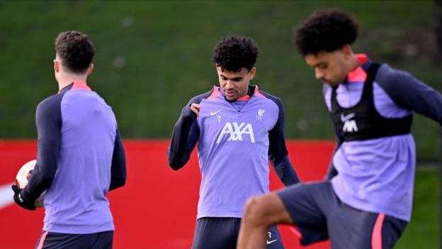 Liverpool forward Luis Diaz trains before the Europa trip to Toulouse