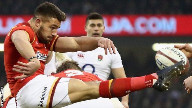Rhys Webb clears Wales' lines during the Six Nations match against England in 2017