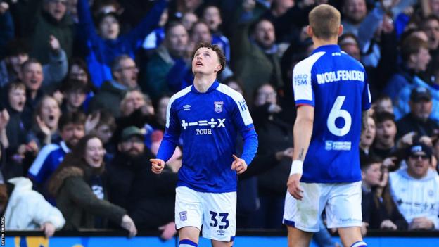 Nathan Broadhead of Ipswich Town celebrates against Southampton