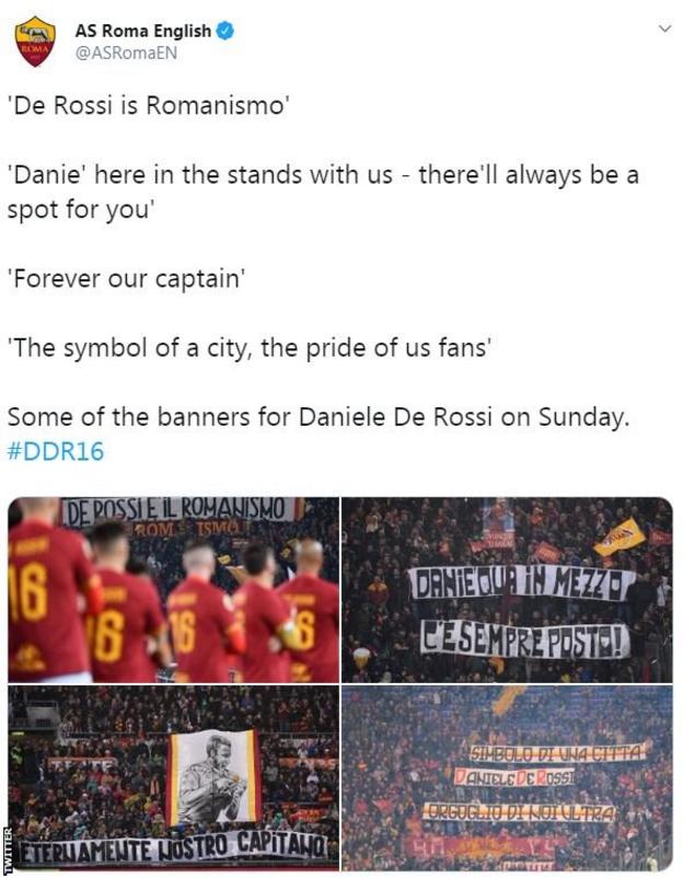 AS Roma tweet displaying translated messages to Daniele de Rossi