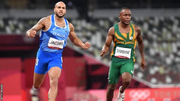 South Africa's Akani Simbine (right) finishing fourth in the men's 100m Olympic final behind winner Lamont Macrcell Jacobs of Italy