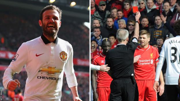 Left: Juan Mata celebrates his winning goal for Manchester United. Right: Steven Gerrard is shown a straight red card