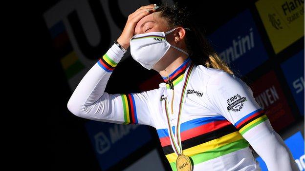 Zoe Backstedt looks visibly overwhelmed as she takes in winning gold in the women's junior road race at the Road World Championships in September.