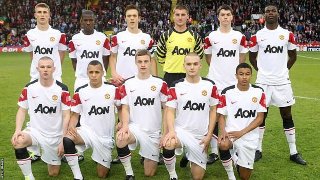 Manchester United's 2011 FA Youth Cup final first-leg team pose in a pre-match line-up