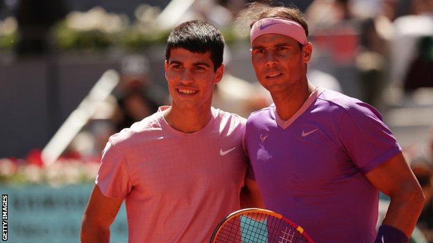 Carlos Alcaraz and Rafael Nadal before their Madrid Open match