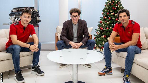 Charles Leclerc, Mattia Binotto and Carlos Sainz