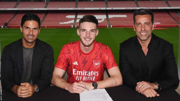 Declan Rice with Arsenal manager Mikel Arteta and Gunners sporting director Edu