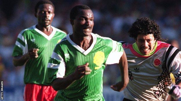 Roger Milla (centre) in action against Colombia at the 1990 World Cup
