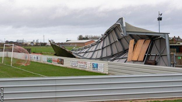 Wisbech Town FC's damaged stand in Cambridgeshire