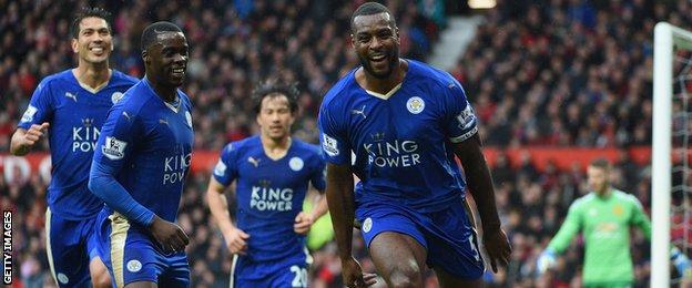 Wes Morgan celebrates his goal with his Leicester team-mates