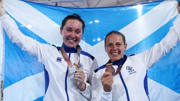 Silver medalist Katie Archibald of Scotland and bronze medalist Neah Evans of Scotland