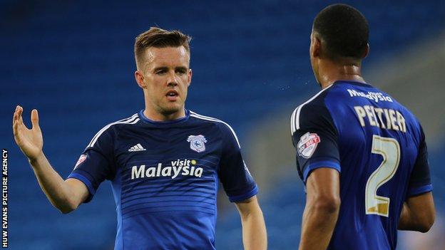 Craig Noone (left) celebrates with Lee Peltier after giving Cardiff the lead against AFC Wimbledon
