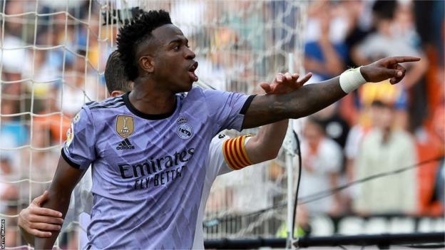 Vinicius Jr points to Valencia fans successful  the Mestalla Stadium