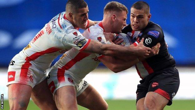 Australian signing Joel Thompson (left) was on the winning side at Headingley on his St Helens debut in the win over Salford