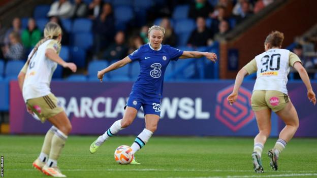 Chelsea guardant  Pernille Harder scores Chelsea's 4th  extremity   against Leicester City astatine  Kingsmeadow