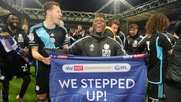 Leicester City's Kasey McAteer and Patson Daka celebrate promotion