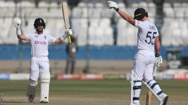 Ben Duckett and Ben Stokes celebrate winning the Third Test against Pakistan