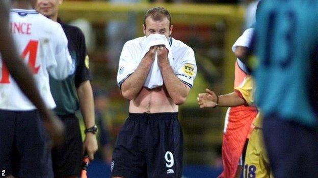 Alan Shearer shows his disappointment after England's Euro 2000 exit following defeat against Romania