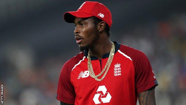 England fast bowler Jofra Archer looks on during a T20 match against India