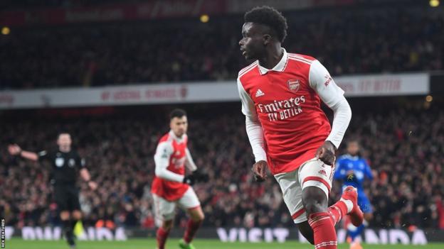 Bukayo Saka celebrates scoring for Arsenal against Everton at Emirates Stadium