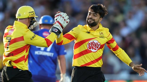 Rashid Khan celebrates taking a wicket for Trent Rockets