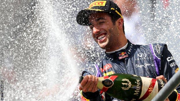 Daniel Ricciardo celebrates victory at Spa in 2014
