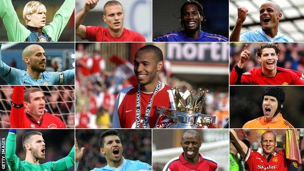 Premier League players - Peter Schmeichel, Nemanja Vidic, Didier Drogba, Vincent Kompany, David Silva, Thierry Henry, Cristiano Ronaldo, Eric Cantona, Petr Cech, David de Gea, Sergio Aguero, Patrick Vieira and Jaap Stam