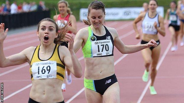 Louise Shanahan celebrates after edging out Ciara Mageean and breaking the Portaferry athlete's Irish 800m record two weeks ago
