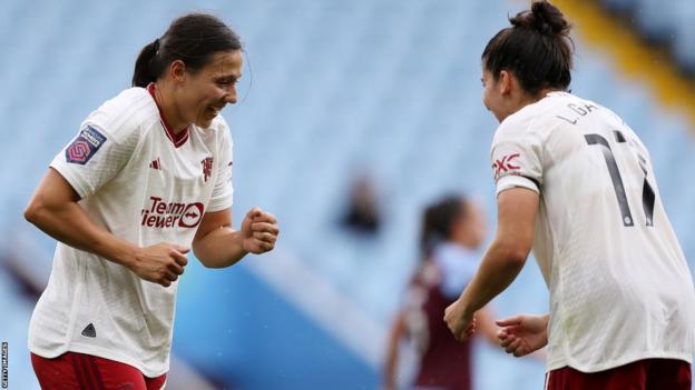 Manchester United players Rachel Williams and Lucia Garcia celebrate against Aston Villa