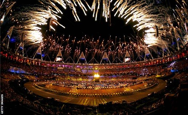 London's Olympic stadium on the night of the opening ceremony in 2012