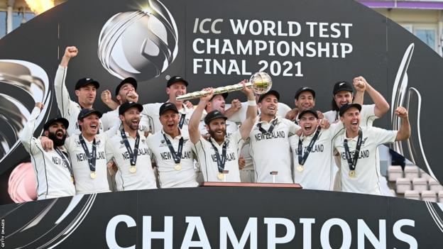 New Zealand celebrate winning the World Test Championship final in 2021