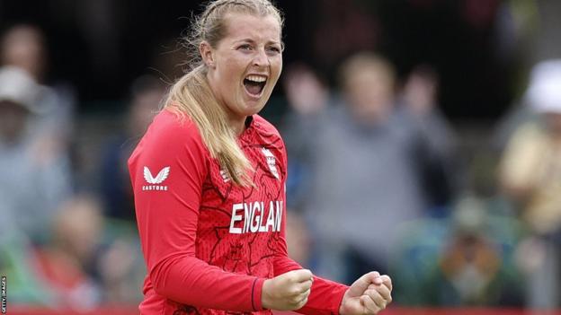 England's Sophie Ecclestone celebrates taking a wicket in the Women's T20 World Cup