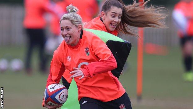 Natasha Hunt smiles in England training