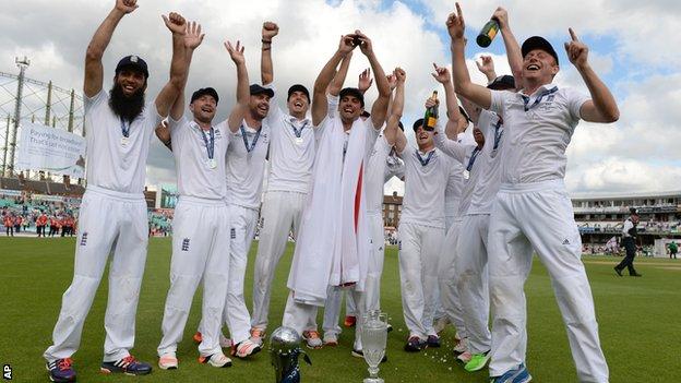 England's players celebrate at the Oval