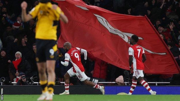 Alexandre Lacazette celebrates scoring for Arsenal against Wolves in the Premier League