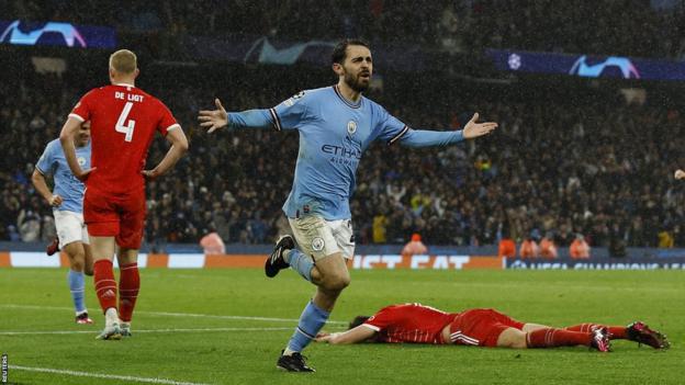 Bernardo Silva celebrates scoring for Manchester City against Bayern Munich in the Champions League