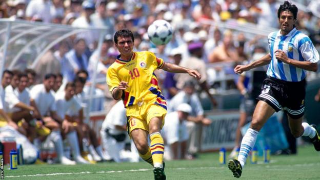 Gheorghe Hagi playing for Romania against Argentina at the 1994 World Cup