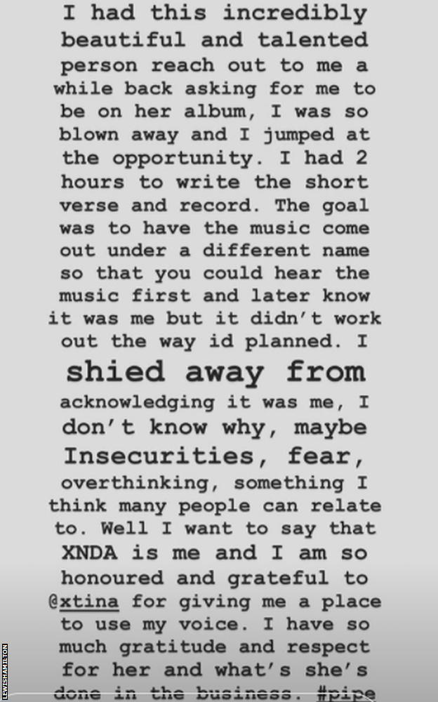 Lewis Hamilton Instagram story admitting he was XDNA, the singer on Christina Aguilera's 2018 track Pipe