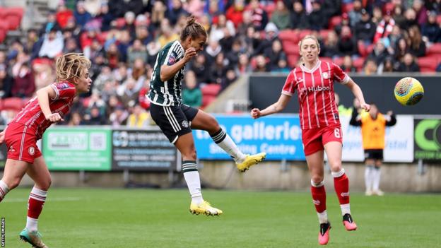 Nikita Parris of Manchester United scores the team's second goal during the Barclays Women´s Super League match between Bristol City and Manchester United at Ashton Gate Stadium on November 26, 2023 in Bristol, England.