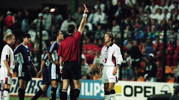 David Beckham is sent off against Argentina in 1998