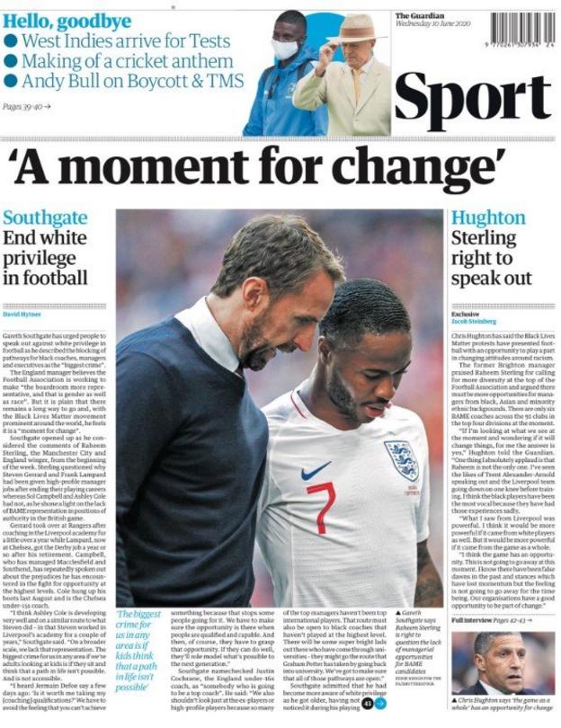 The Guardian leads on comments from England manager Gareth Southgate