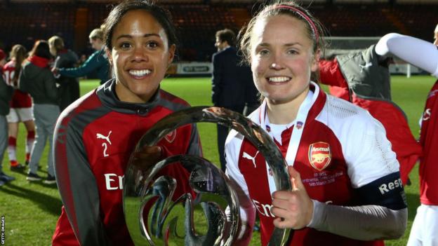 Kim Little and Alex Scott with the League Cup trophy in 2018