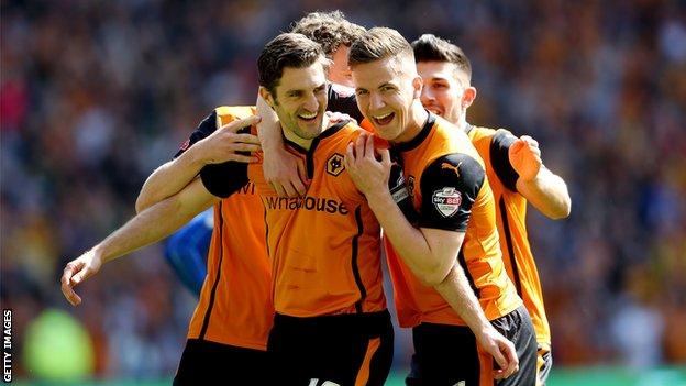 Sam Ricketts (left) celebrates scoring a goal for Wolverhampton Wanderers