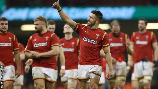 Rhys Webb celebrates Wales' win over Ireland